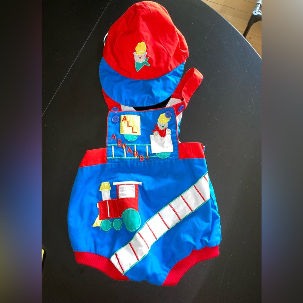 Vintage train baby romper blue red button matching hat sz 12 mos overall one pc